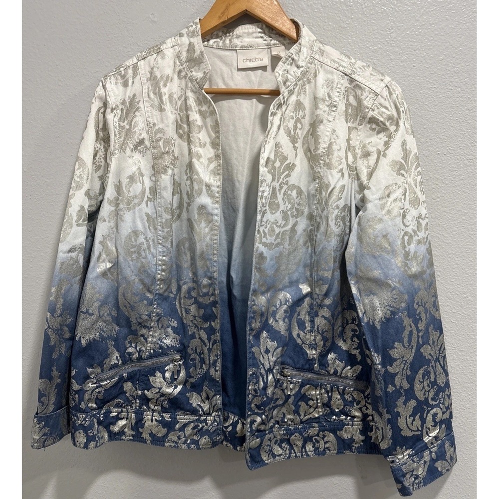 Xl Chicos Ombre Y2K Gold Foil Damask Denim Jacket Blue White Metallic Size 3